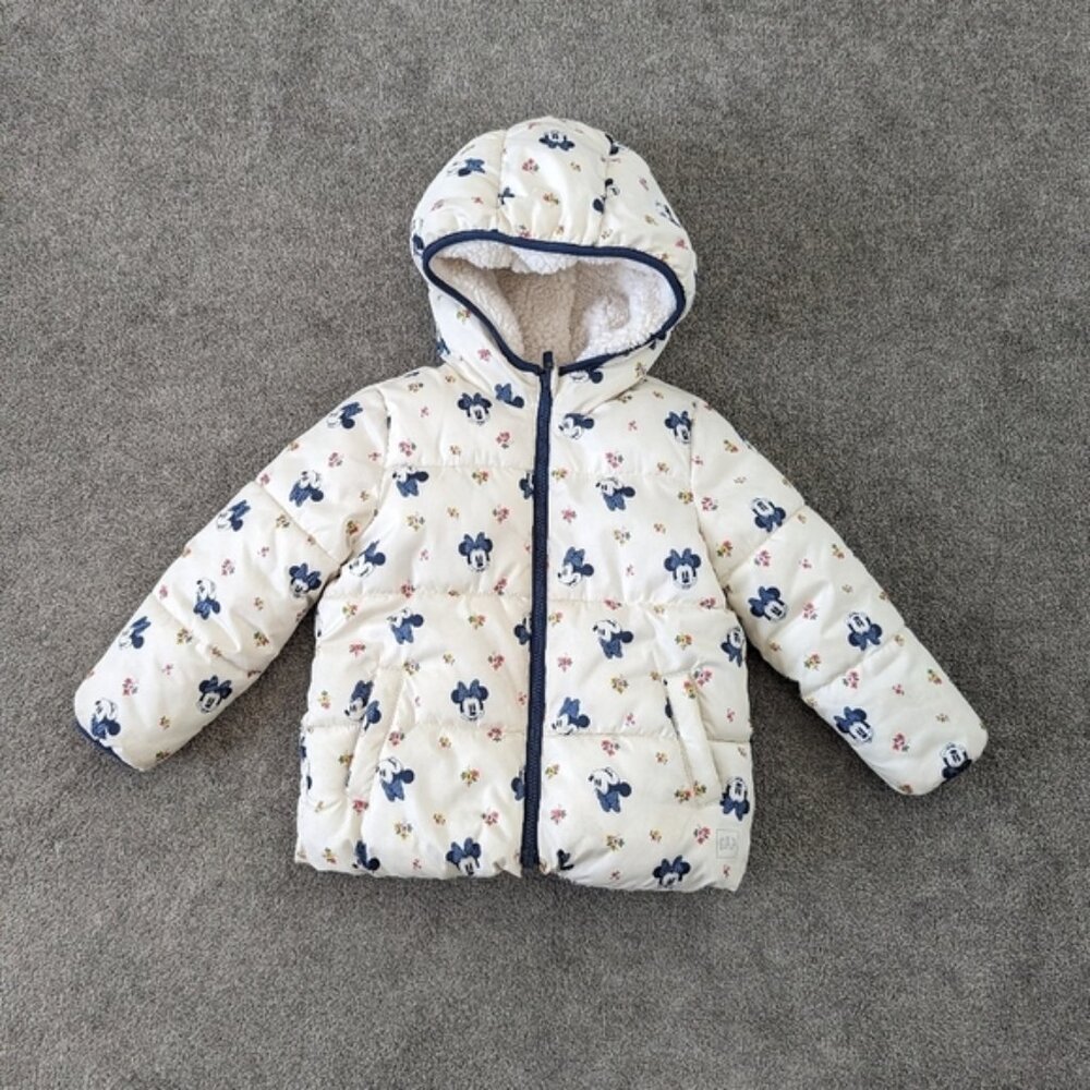 Gap BabyGap Disney Minnie Mouse Reversible Cozy Puffer Jacket Cream Blue 5 Years